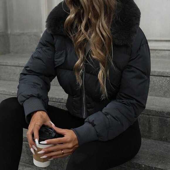 Dark Grey Chic Women's Cropped Collar Gathered Waist Faux Fur Trim Bomber Jacket - Picture 6 of 6